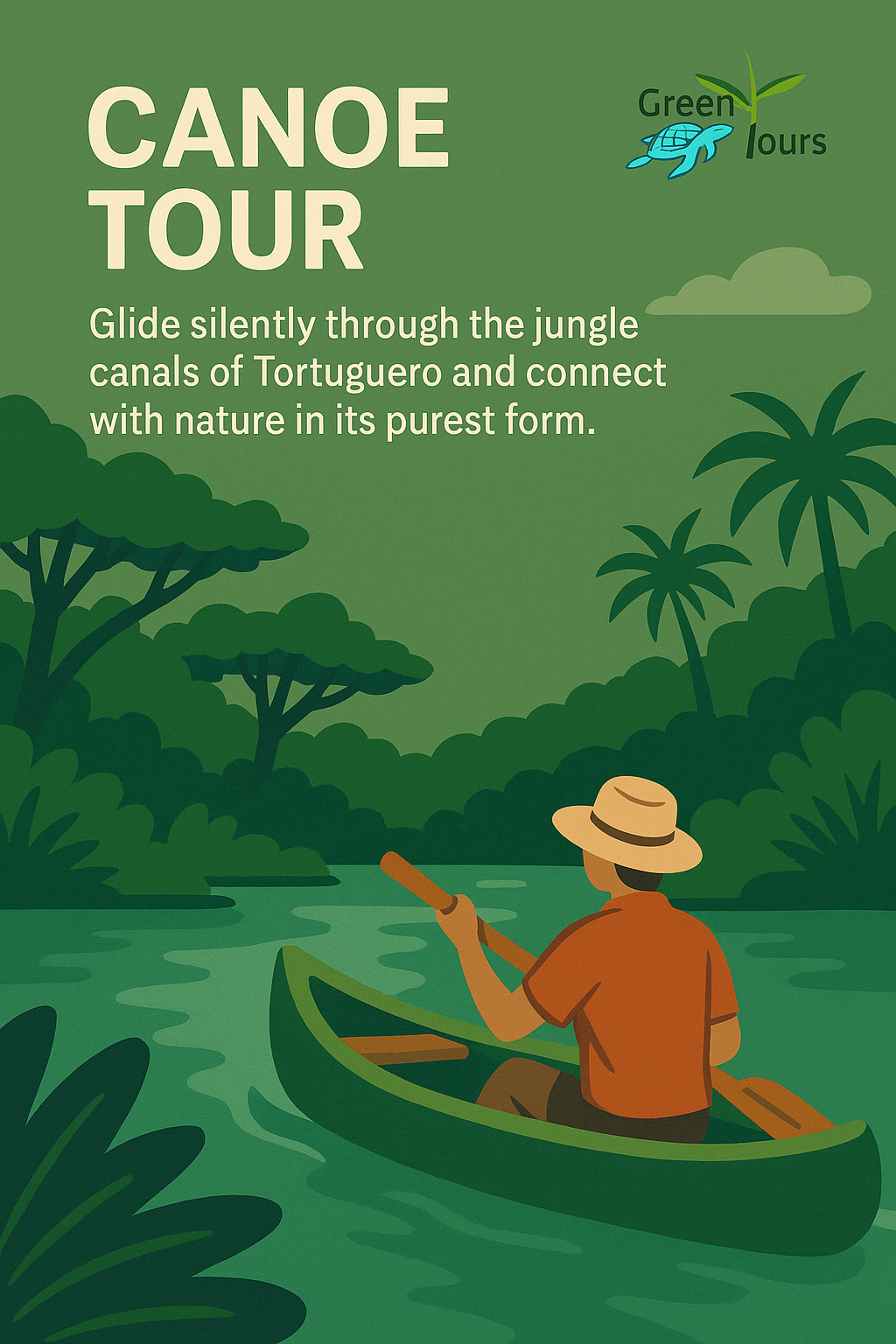 Scenic canoe tour through Tortuguero National Park showcasing rich wildlife and lush tropical landscapes.