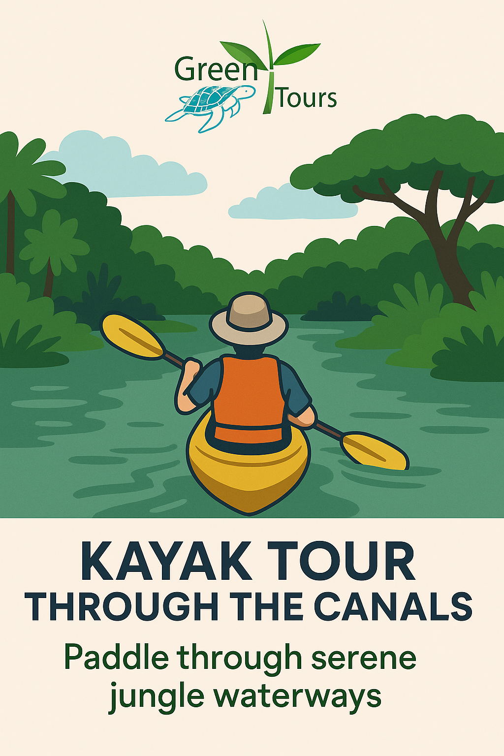 Kayak tour exploring the lush waterways of Tortuguero National Park, a premier eco-tourism destination in Costa Rica