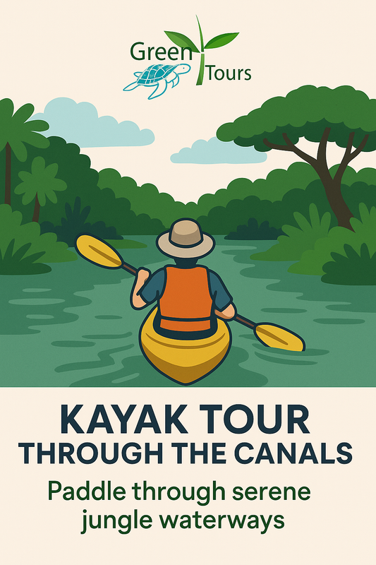 Kayak tour exploring the lush waterways of Tortuguero National Park, a premier eco-tourism destination in Costa Rica
