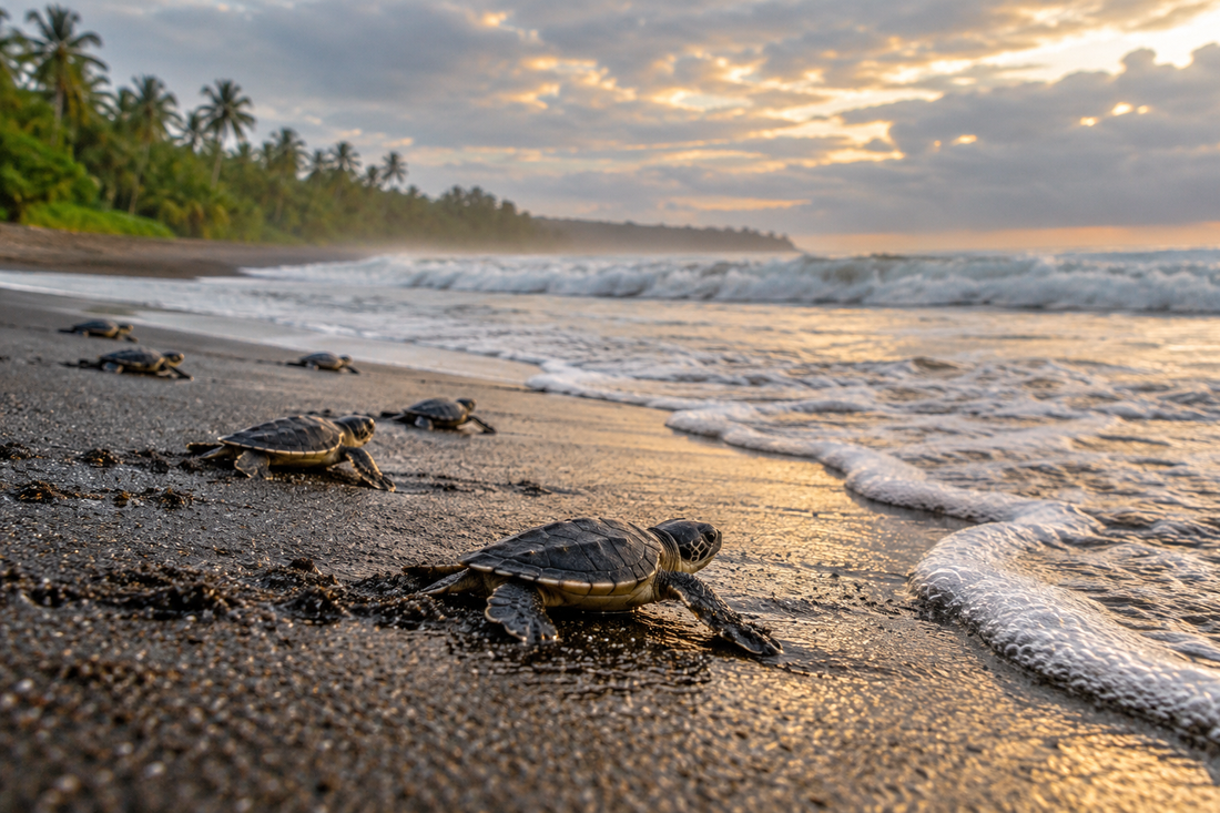 Sea turtle hatchlings making their way across Tortuguero's Caribbean beach toward the ocean